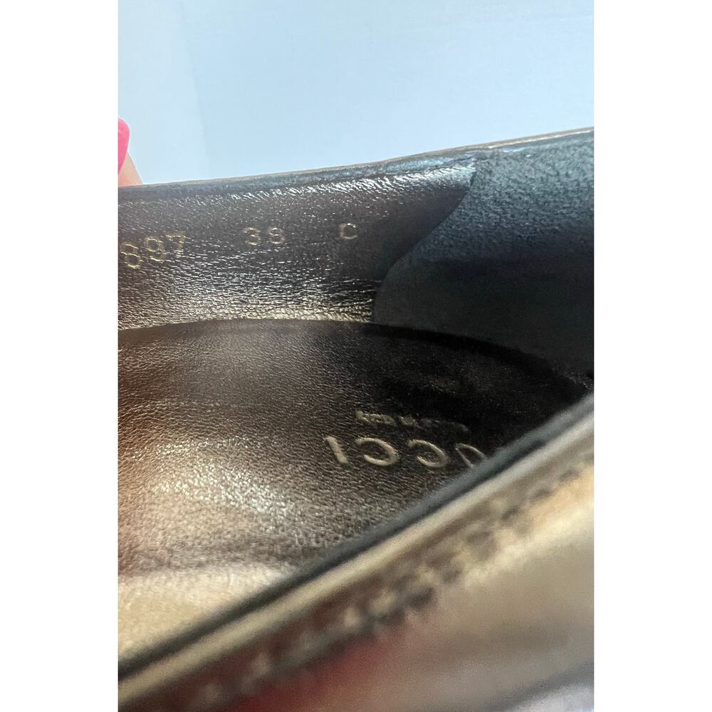 GUCCI Leather Champagne Gold Round Toe Black Low Heel Pump Shoes Size 8 Narrow - Picture 5 of 12